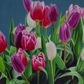 Malarstwo zatytułowany „Tulips, Spring Gard…” autorstwa Simona Tsvetkova, Oryginalna praca, Olej Zamontowany na Drewniana ra…