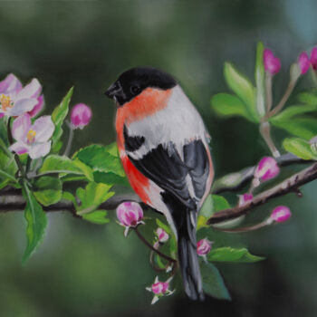 Painting titled "Bird On A Blossomin…" by Simona Tsvetkova, Original Artwork, Oil Mounted on Wood Stretcher frame