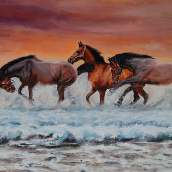 绘画 标题为“Brown Horses Runnin…” 由Simona Tsvetkova, 原创艺术品, 油 安装在木质担架架上
