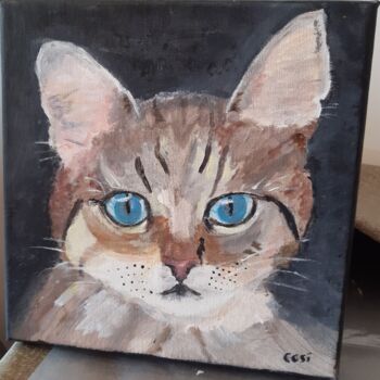 Painting titled "chaton aux yeux ble…" by Simone Collet, Original Artwork, Acrylic Mounted on Wood Stretcher frame