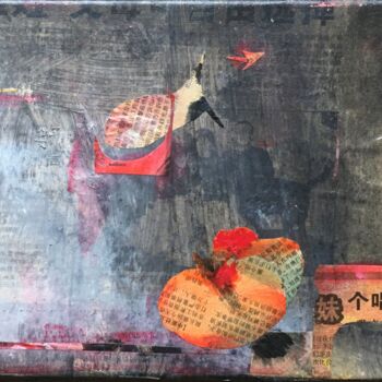 Collages titled "Les kakis-柿子" by Simone Cros-Morea, Original Artwork, Collages Mounted on Wood Stretcher frame