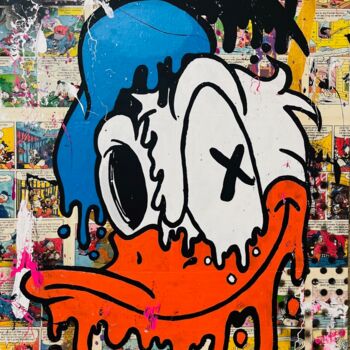 Schilderij getiteld "Slimer Duck" door Simone De Rosa, Origineel Kunstwerk, Graffiti Gemonteerd op Frame voor houten brancard