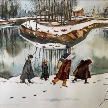 Painting titled "Off to School" by Simple Mohanty Pani, Original Artwork, Watercolor Mounted on Wood Panel