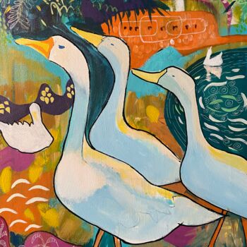 Painting titled "Ducks in Lodhi Gard…" by Simple Mohanty Pani, Original Artwork, Acrylic Mounted on Wood Stretcher frame