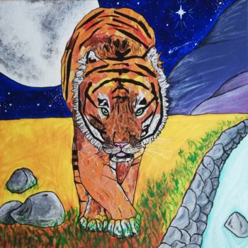 Картина под названием "Espoir de tigre" - Simsim, Подлинное произведение искусства, Акрил Установлен на Деревянная рама для…