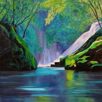 Peinture intitulée ""Водопад в ущелье"" par Mariia Sinelnikova, Œuvre d'art originale, Huile