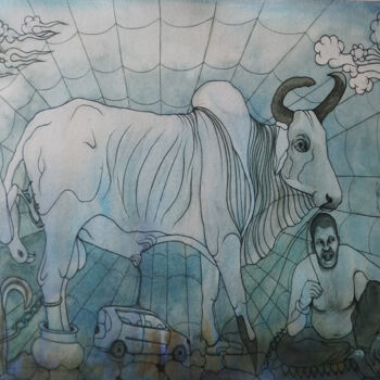 Schilderij getiteld "power of sadhu" door Singh Avtar, Origineel Kunstwerk, Aquarel