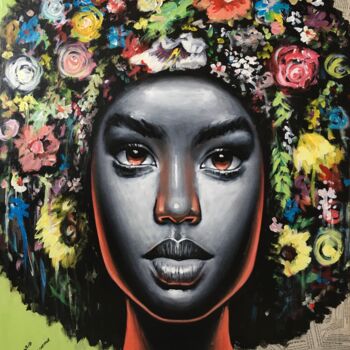 Malerei mit dem Titel "Flower girl" von Sisay Teshome, Original-Kunstwerk, Acryl