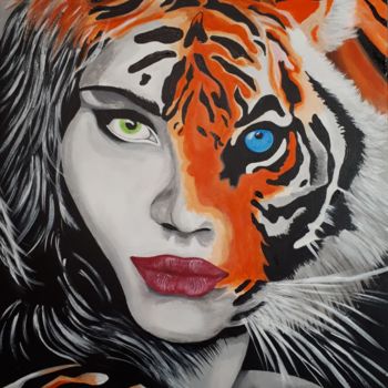 「Tiger Woman」というタイトルの絵画 Sylvain Corvaisierによって, オリジナルのアートワーク, アクリル ウッドストレッチャーフレームにマウント