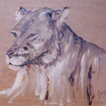 Painting titled "La lionne" by Sylvie Briand, Original Artwork, Oil