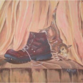 Painting titled "Le chat chaussure" by Sylvie Briand, Original Artwork, Oil