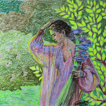 Peinture intitulée "Прогулка в саду" par Sitora Brejneva, Œuvre d'art originale, Pastel