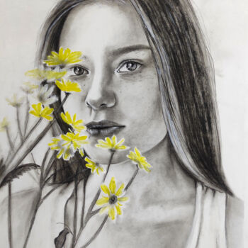 Malarstwo zatytułowany „Девушка с ромашками” autorstwa Sitora Brejneva, Oryginalna praca, Ołówek