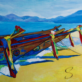 Painting titled "Boats in the Gulf o…" by Konstantin Siiatskii, Original Artwork, Oil Mounted on Wood Stretcher frame