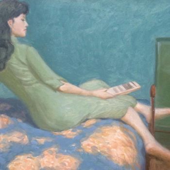 Malerei mit dem Titel "Woman on the bed wi…" von Siyu Sun, Original-Kunstwerk, Öl