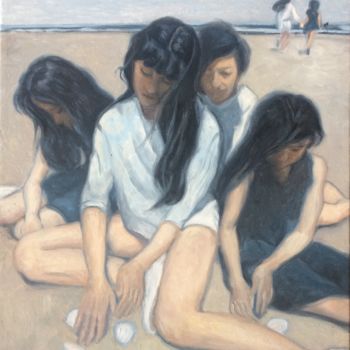 Malerei mit dem Titel "Four girls sit on t…" von Siyu Sun, Original-Kunstwerk, Öl