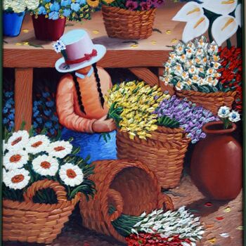 Peinture intitulée "Girl on flower mark…" par Sjoerd Nienhuys, Œuvre d'art originale, Huile