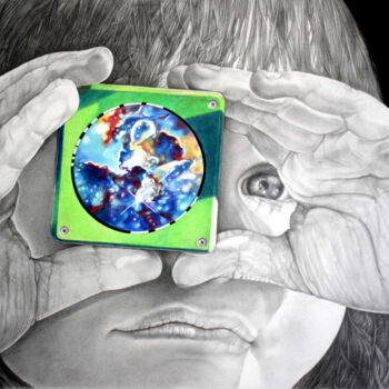 图画 标题为“Jeux d'Univers” 由Rita Kortshok, 原创艺术品, 铅笔 安装在玻璃上