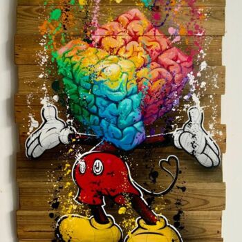 Schilderij getiteld "Rubik Brain" door Skayzoo, Origineel Kunstwerk, Acryl Gemonteerd op Frame voor houten brancard
