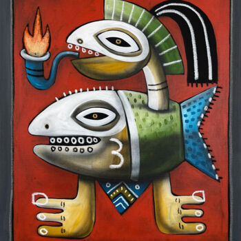 Painting titled "Le poisson qui fume" by Skepa, Original Artwork, Acrylic Mounted on Wood Stretcher frame