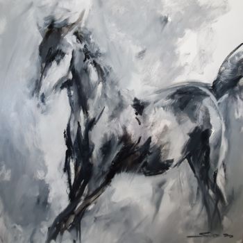 Painting titled "Cheval #5" by Skipp Von Danzig, Original Artwork, Oil Mounted on Wood Stretcher frame