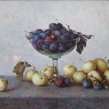 Painting titled "Белый налив и сливы" by Igor Skorikov, Original Artwork, Oil
