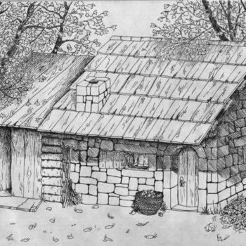 Dessin intitulée "An old cottage" par Skratek, Œuvre d'art originale, Stylo à bille