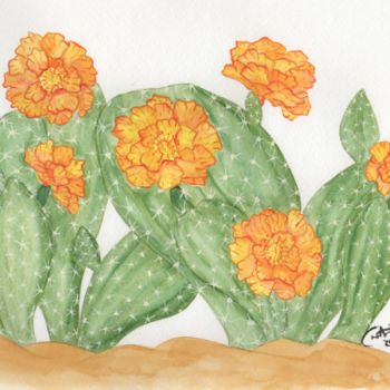 Painting titled "cactus and Flowers" by Christina Desousa, Original Artwork, Watercolor