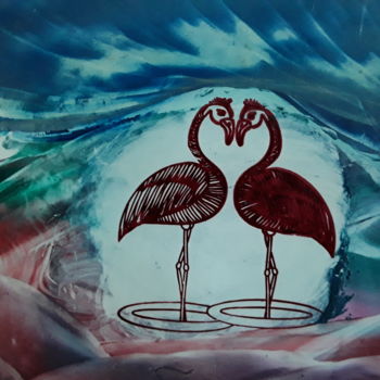 Digitale Kunst mit dem Titel "Flamingo friends" von Heather Prosser, Original-Kunstwerk, Digitale Malerei
