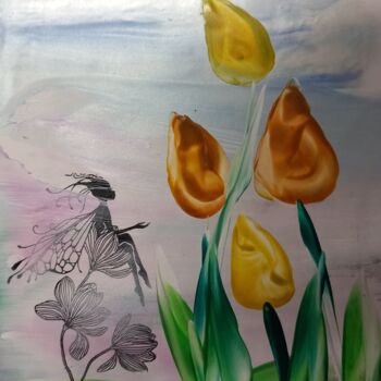 Цифровое искусство под названием "Yellow  tulipa" - Heather Prosser, Подлинное произведение искусства, Энкаустический