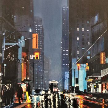 Painting titled "New York sous la pl…" by Skylinepainting, Original Artwork, Acrylic Mounted on Wood Stretcher frame