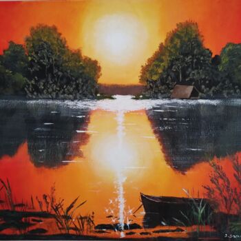 Painting titled "Coucher soleil sur…" by Skylinepainting, Original Artwork, Acrylic Mounted on Wood Stretcher frame