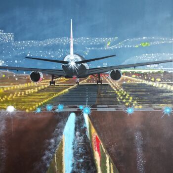 Painting titled "Arrivée d'un avion…" by Skylinepainting, Original Artwork, Acrylic Mounted on Wood Stretcher frame