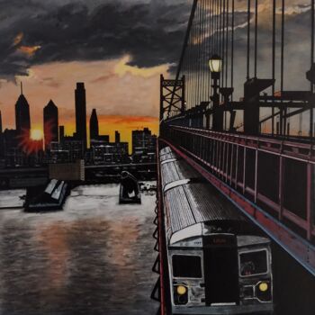 Painting titled "Métro new York sur…" by Skylinepainting, Original Artwork, Acrylic Mounted on Wood Stretcher frame