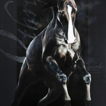 Peinture intitulée "Black horse running…" par Skyzune Art, Œuvre d'art originale, Huile Monté sur Châssis en bois