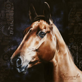 Painting titled "Golden horse painti…" by Skyzune Art, Original Artwork, Oil Mounted on Wood Stretcher frame