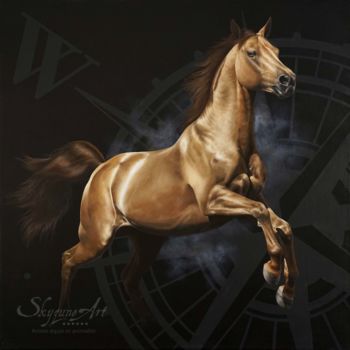 Pintura intitulada "WEST Horse compass…" por Skyzune Art, Obras de arte originais, Óleo Montado em Armação em madeira