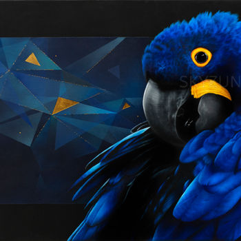 Painting titled "OKEANOS Blue parrot…" by Skyzune Art, Original Artwork, Oil Mounted on Wood Stretcher frame