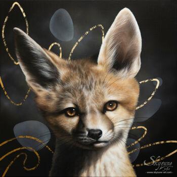 Painting titled "Sand fox painting a…" by Skyzune Art, Original Artwork, Oil Mounted on Wood Stretcher frame