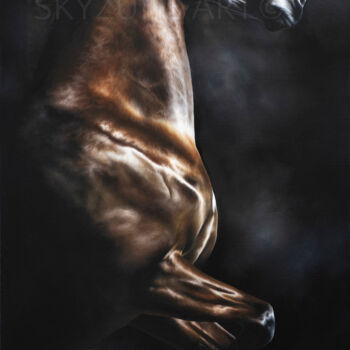 Painting titled "FOEHN wild stallion…" by Skyzune Art, Original Artwork, Oil Mounted on Wood Stretcher frame