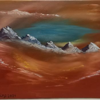 Ζωγραφική με τίτλο "red smoke mountains" από Irina Ibragimova, Αυθεντικά έργα τέχνης, Λάδι Τοποθετήθηκε στο Ξύλινο φορείο σκ…