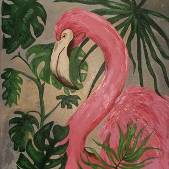 Painting titled "Flamingo" by Irina Ibragimova, Original Artwork, Oil Mounted on Wood Stretcher frame