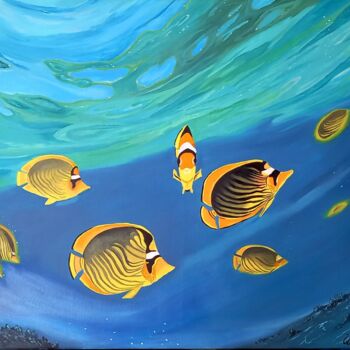 Painting titled "Coral yellow fish" by Irina Ibragimova, Original Artwork, Oil Mounted on Wood Stretcher frame