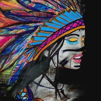 Malarstwo zatytułowany „Indianka” autorstwa Sławek Kukorowski, Oryginalna praca, Akryl Zamontowany na Drewniana rama noszy