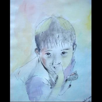 Drawing titled "ENFANT TIBETAIN" by Sandrine Lopez De Arias - Sla, Original Artwork