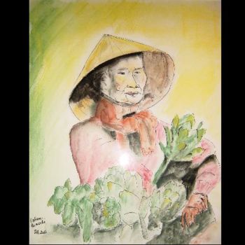 Disegno intitolato "Vietnam - Au marche" da Sandrine Lopez De Arias - Sla, Opera d'arte originale