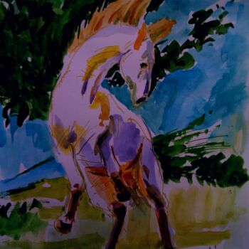 Painting titled "Le chevale d'or" by Slobodan Spasojevic (Spaki), Original Artwork, Watercolor
