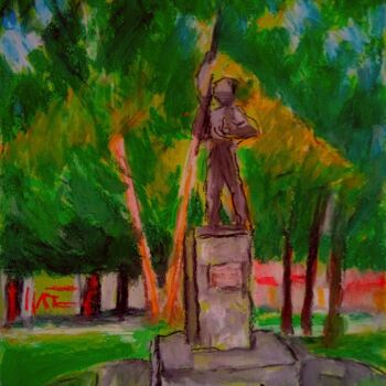 Schilderij getiteld "Le monument Vrdnik" door Slobodan Spasojevic (Spaki), Origineel Kunstwerk, Olie