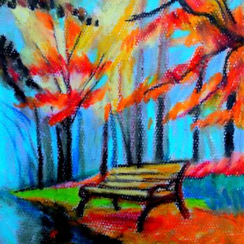 Painting titled "Un banc dans le par…" by Slobodan Spasojevic (Spaki), Original Artwork, Pastel