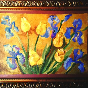 Pittura intitolato "Les iris et tulipes" da Slobodan Spasojevic (Spaki), Opera d'arte originale, Olio